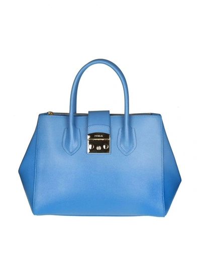 Shop Furla Metropolis M Hand Bag In Light Blue Color Leather