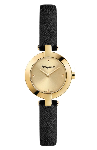 Shop Ferragamo Miniature Leather Strap Watch, 26mm In Black/ Gold