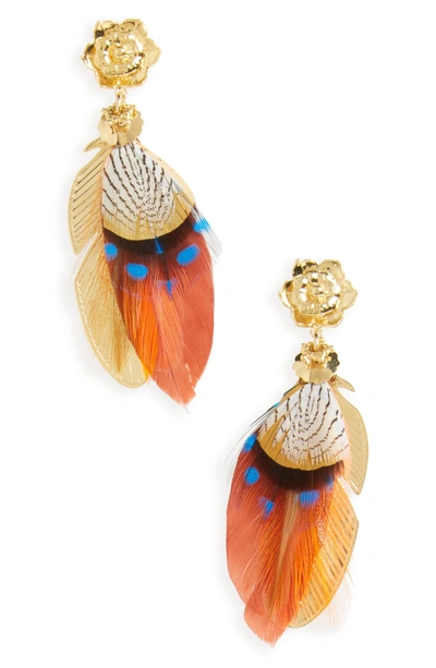 Shop Gas Bijoux Small Sao Feather Earrings In Red/ Gold