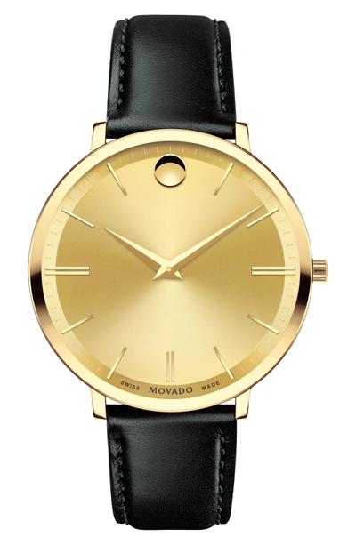 Shop Movado Ultraslim Leather Strap Watch, 35mm In Gold/black/gold