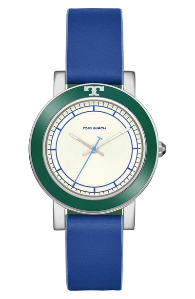 Shop Tory Burch Ellsworth Leather Strap Watch, 36mm In Blue/ Cream/ Silver