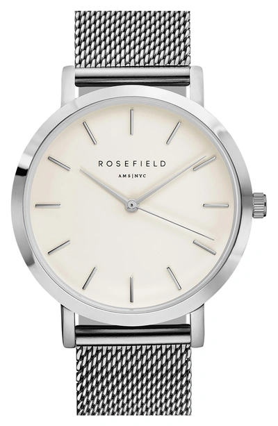Shop Rosefield Mercer Mesh Strap Watch, 38mm In Silver/ White/ Silver