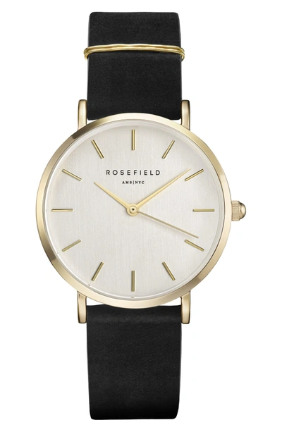 Shop Rosefield West Village Leather Strap Watch, 33mm In Black/ White/ Gold
