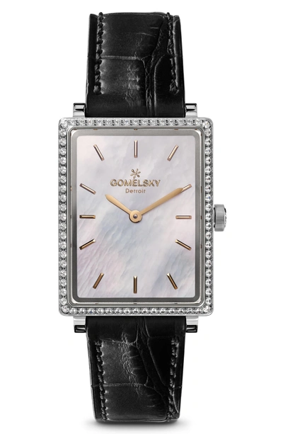 Shop Gomelsky The Shirley Fromer Diamond Alligator Strap Watch, 25mm X 32mm In Black/ Mop/ Silver