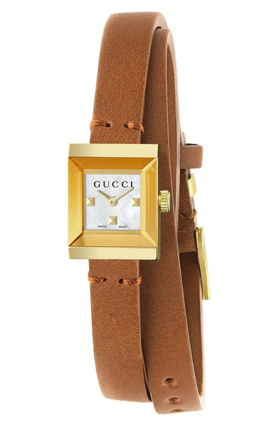 Shop Gucci G-frame Leather Wrap Strap Watch, 14mm X 18mm In Brown/ White/ Gold