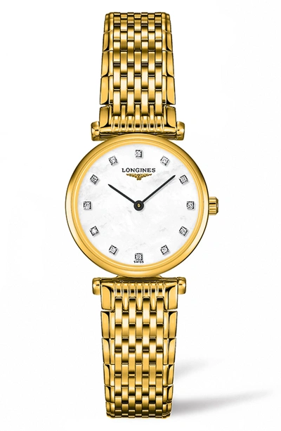 Shop Longines Diamond Bracelet Watch, 24mm In Gold/ Mop/ Gold