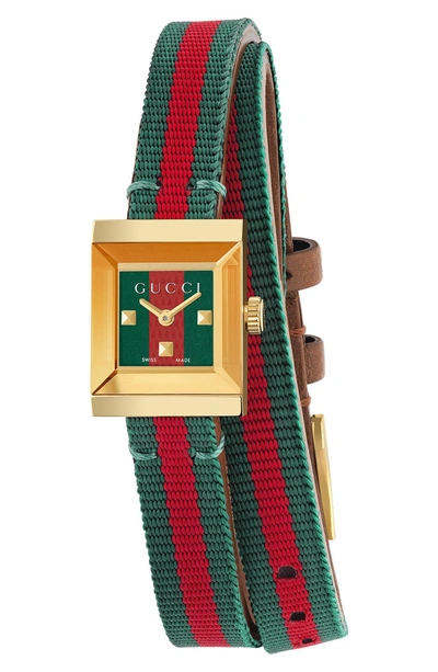 Shop Gucci G-frame Square Nylon Wrap Strap Watch, 14mm X 18mm In Green/ Red/ Gold