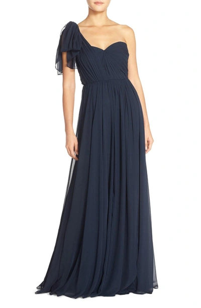 Shop Jenny Yoo Mira Convertible Strapless Chiffon Gown In Navy