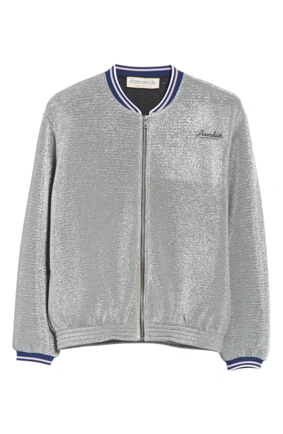Shop Etre Cecile Frenchie Glitter Varsity Bomber Jacket In Silver