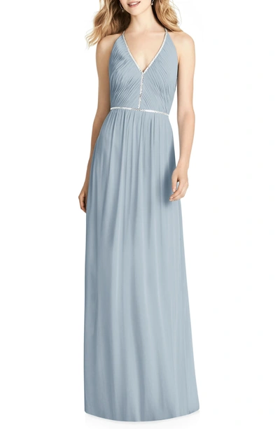 Shop Jenny Packham Pleat Bodice Chiffon A-line Gown In Mist