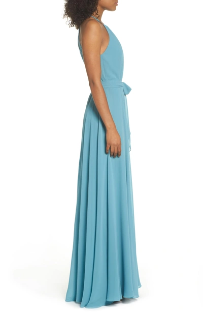 Shop Amsale Kyra Chiffon Halter Gown In Teal