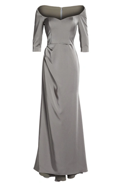 Shop La Femme Sweetheart Satin Column Gown In Platinum