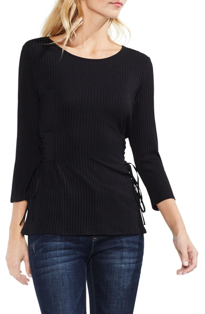 Shop Vince Camuto Lace-up Ribbed Top In Rich Black