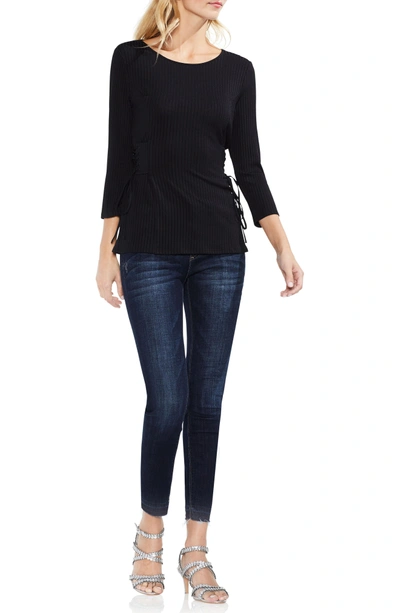 Shop Vince Camuto Lace-up Ribbed Top In Rich Black