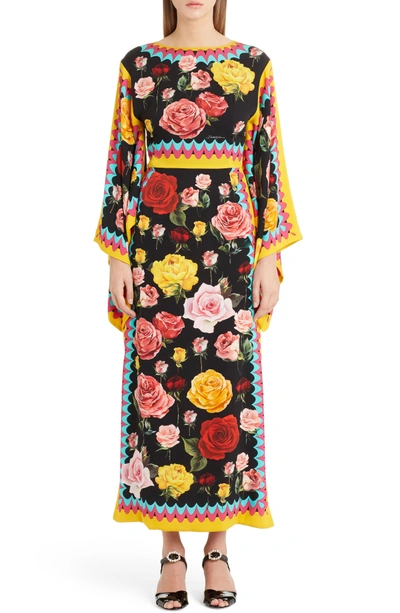 Shop Dolce & Gabbana Charm Rose Print Stretch Silk Maxi Dress