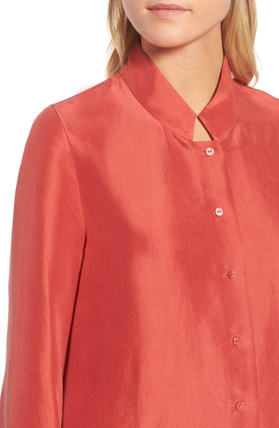 Shop Eileen Fisher Silk Georgette Crepe Stand Collar Shirt In Coral Rose