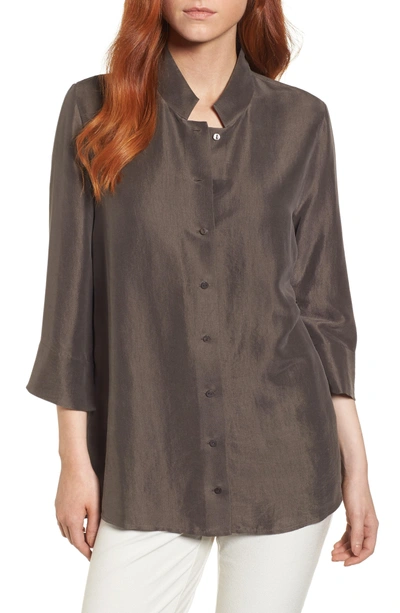 Shop Eileen Fisher Silk Georgette Crepe Stand Collar Shirt In Rye