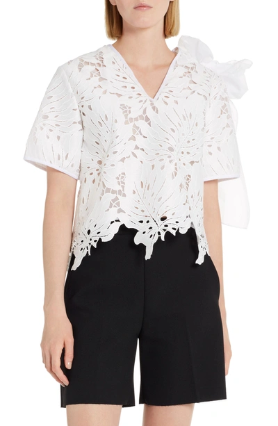 Shop Msgm Bow Embellished Lace Top In White 01