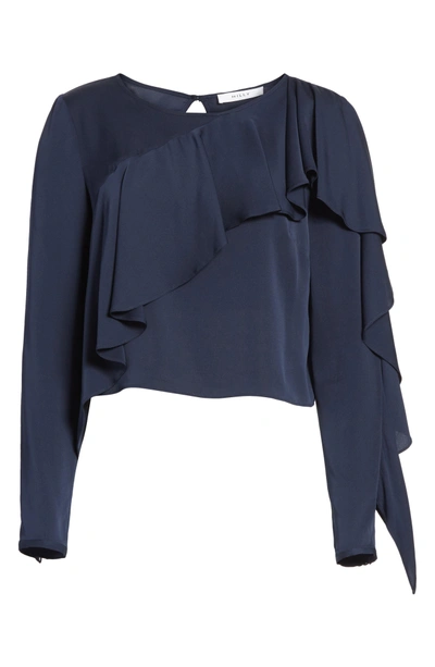 Shop Milly Stretch Silk Ruffle Top In Navy