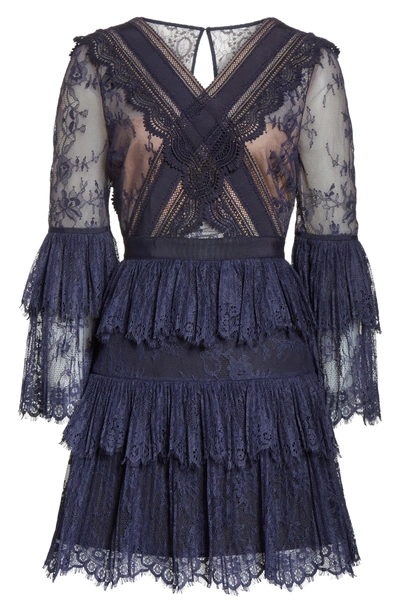 Shop Self-portrait Pleated Lace Dress In Dark Blue