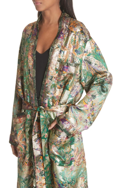 Shop Etro Tie Waist Silk Blend Metallic Jacquard Jacket In Green
