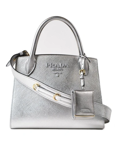 Shop Prada Saff. Cuir+city Calf Monochrome Bag In Argento