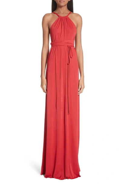 Shop Versace Back Cutout Jersey Gown In Red