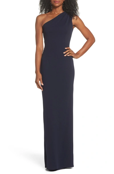 Shop Katie May Angelina One-shoulder Crepe Column Gown In Navy