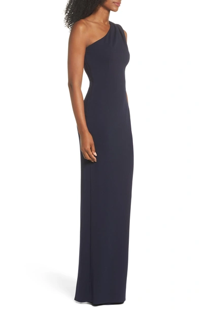 Shop Katie May Angelina One-shoulder Crepe Column Gown In Navy