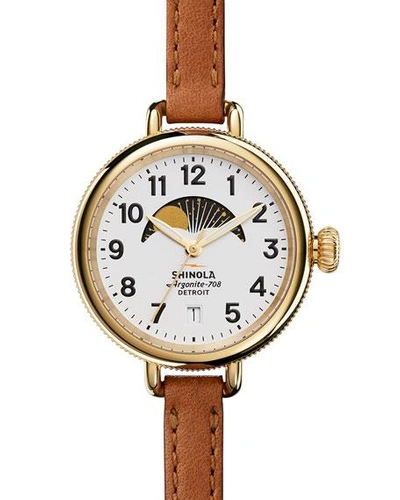Shop Shinola 34mm Birdy Moon Phase Watch With Leather Strap, Brown/white