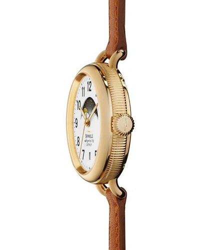 Shop Shinola 34mm Birdy Moon Phase Watch With Leather Strap, Brown/white