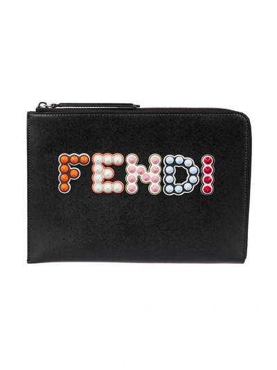 Shop Fendi Studded Logo Clutch In Nero-multicolor-pal