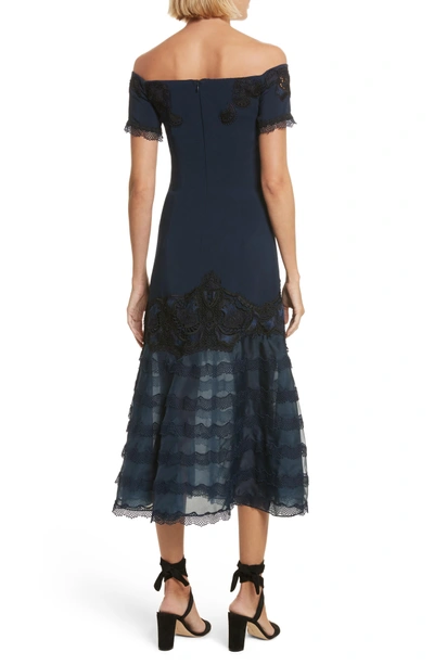 Shop Jonathan Simkhai Lace Applique Crepe Off The Shoulder Trumpet Dress In Midnight