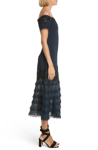 Shop Jonathan Simkhai Lace Applique Crepe Off The Shoulder Trumpet Dress In Midnight