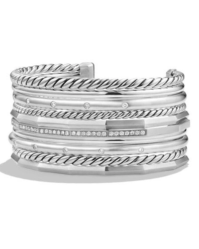 Shop David Yurman Stax Wide Cuff Bracelet With Diamonds In Silver