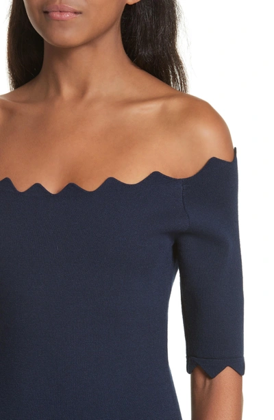 Shop Milly Scalloped Off The Shoulder Sheath Dress In Navy