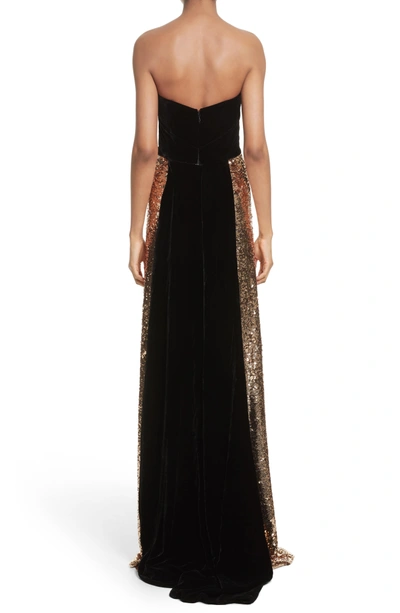 Shop Monique Lhuillier Strapless Velvet & Sequin Gown In Gold/ Noir
