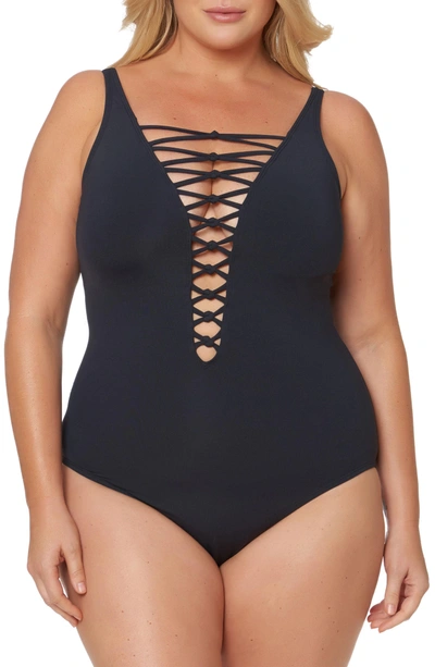 Shop Bleu Rod Beattie Lattice One-piece Swimsuit In Black