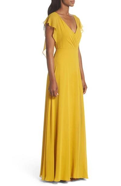 Shop Jenny Yoo Alanna Open Back Chiffon Gown In Chartreuse