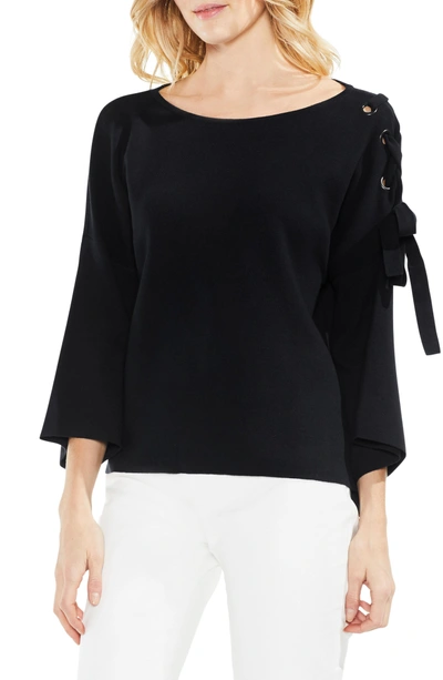 Shop Vince Camuto Lace-up Bell Sleeve Sweater In Rich Black