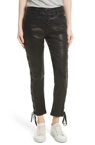 Shop Frame Lambskin Leather Lace-up Crop Pants In Noir