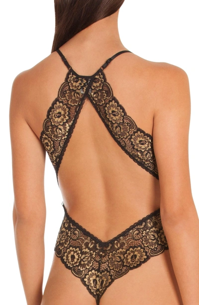 Shop In Bloom By Jonquil Laila Lace & Mesh Thong Teddy In Black/ Gold