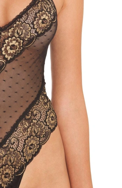 Shop In Bloom By Jonquil Laila Lace & Mesh Thong Teddy In Black/ Gold