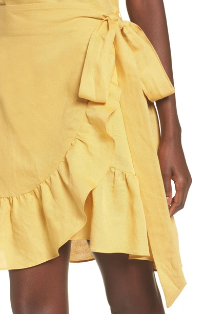 Astr Ruffle Linen Blend Wrap Dress In Yellow Mineral