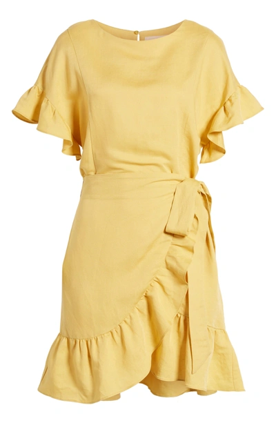 Astr Ruffle Linen Blend Wrap Dress In Yellow Mineral