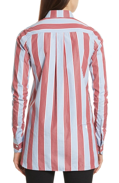 Shop Carven Chemise Manches Longues Stripe Shirt In Bleu Acier/ Rouge Fonce