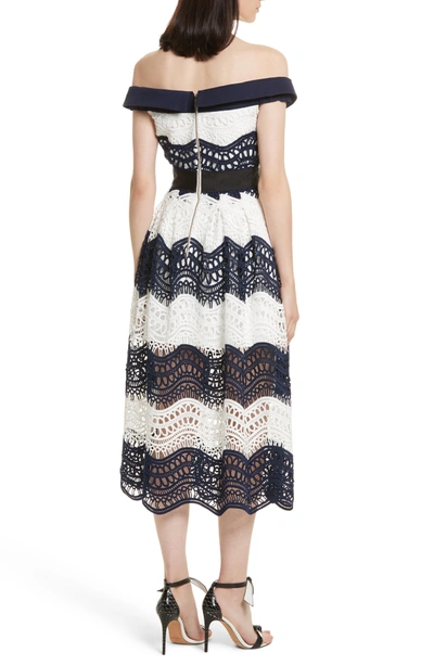 Shop Self-portrait Wave Lace Off The Shoulder Midi Dress In White/ Blue