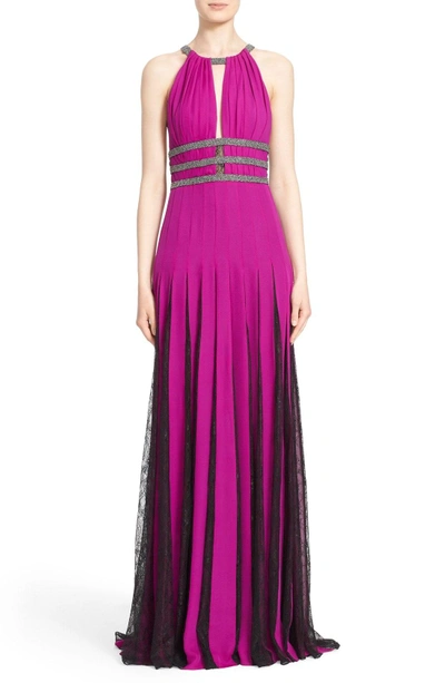 Shop Badgley Mischka Couture Silk Halter Gown With Lace Pleats In Orchid/ Smoke