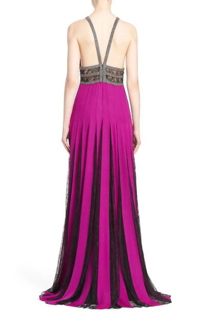 Shop Badgley Mischka Couture Silk Halter Gown With Lace Pleats In Orchid/ Smoke
