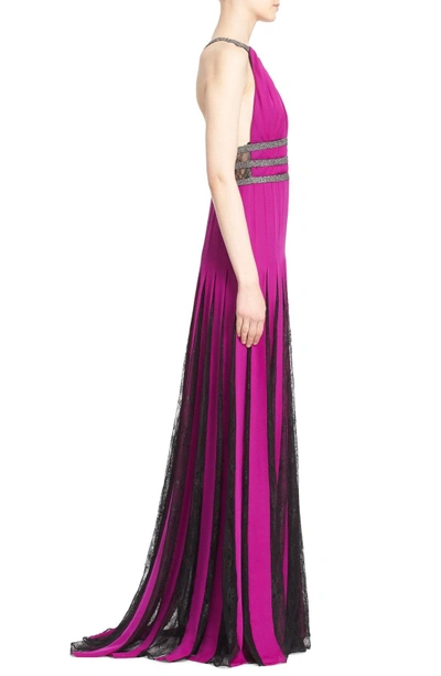 Shop Badgley Mischka Couture Silk Halter Gown With Lace Pleats In Orchid/ Smoke